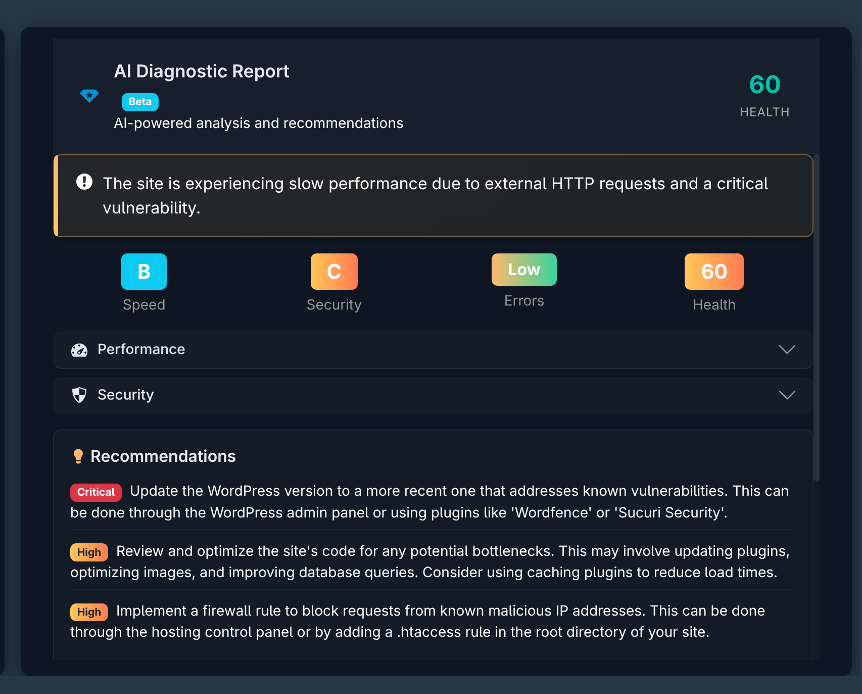 AI Diagnostic Report AI Diagnostic Report showing site health insights